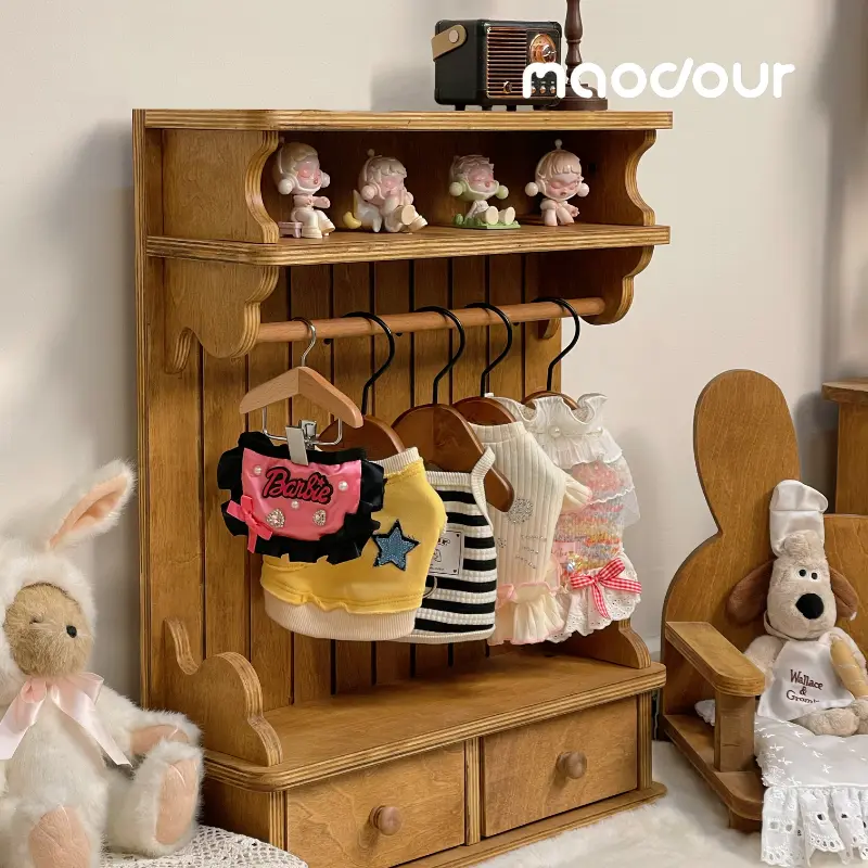 pet accessory wall rack - Vintage Wooden Pet Wardrobe Shelf with Drawers
